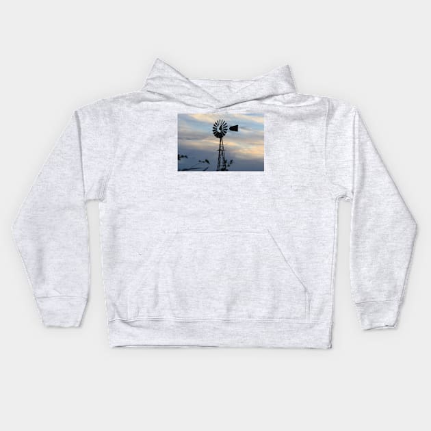 Windmill Sillouette with Gray, Blue Sky in Kansas Kids Hoodie by ROBERTDBROZEK